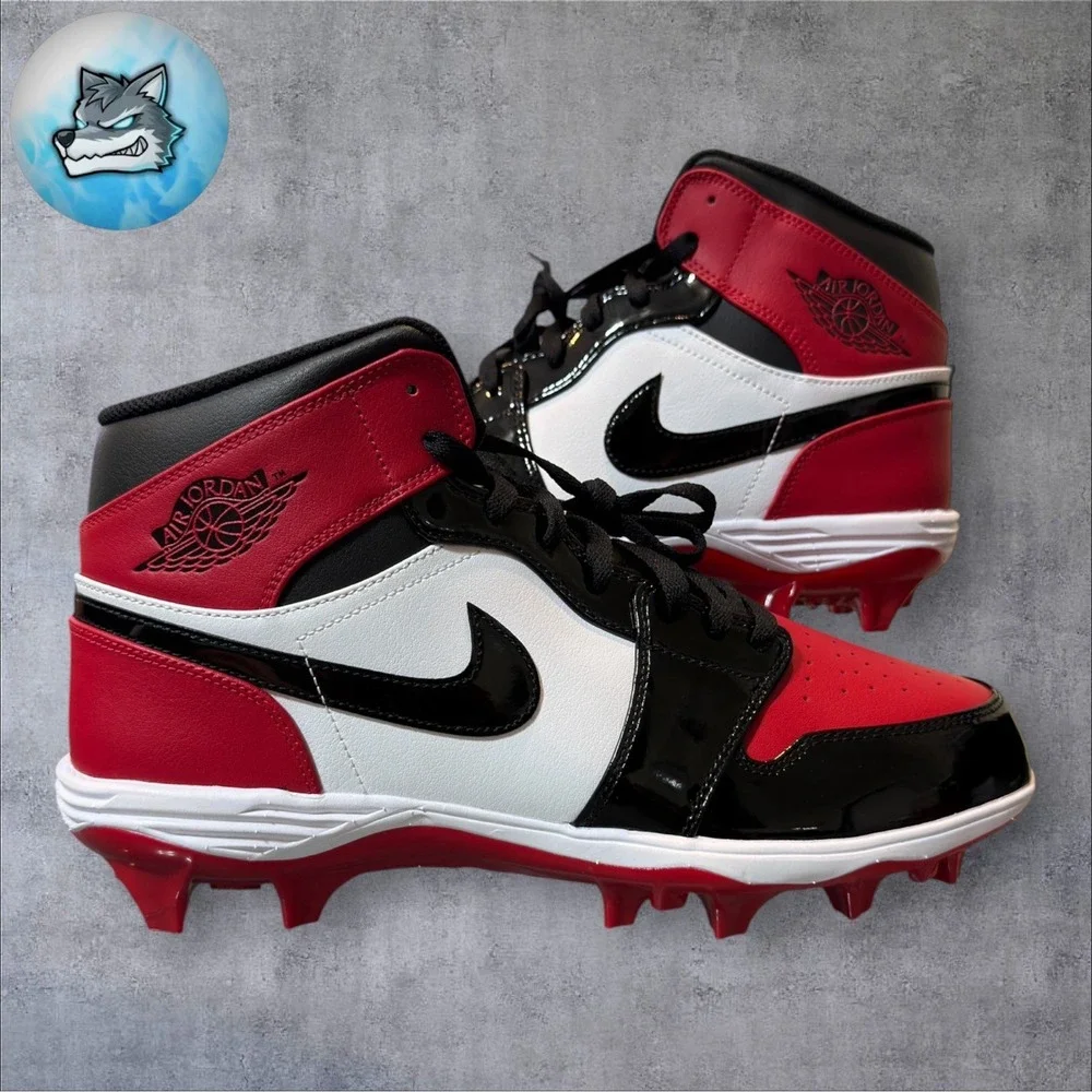 Jordan 1 Mid TD Bred Toe Football Cleats Gym Red Black Men's Size 12 FJ6805-601